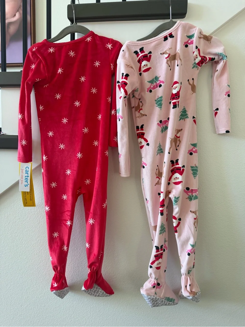 NWT Carter's Pink Santa Print & Red Santa Velvet One-Piece Footies - set of 2